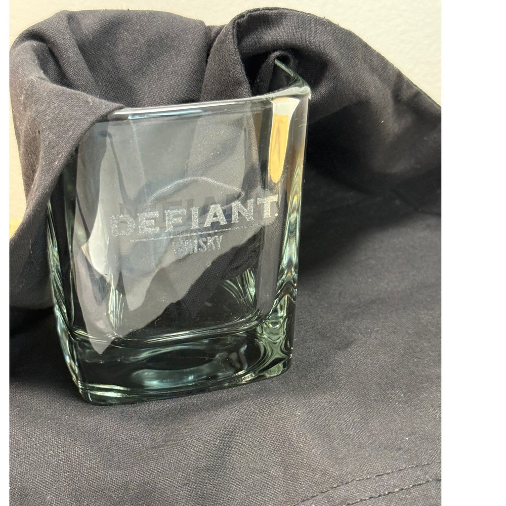Defiant Whisky Square Rocks Glass Etched Logo Clear Heavy Base Barware 4in‎